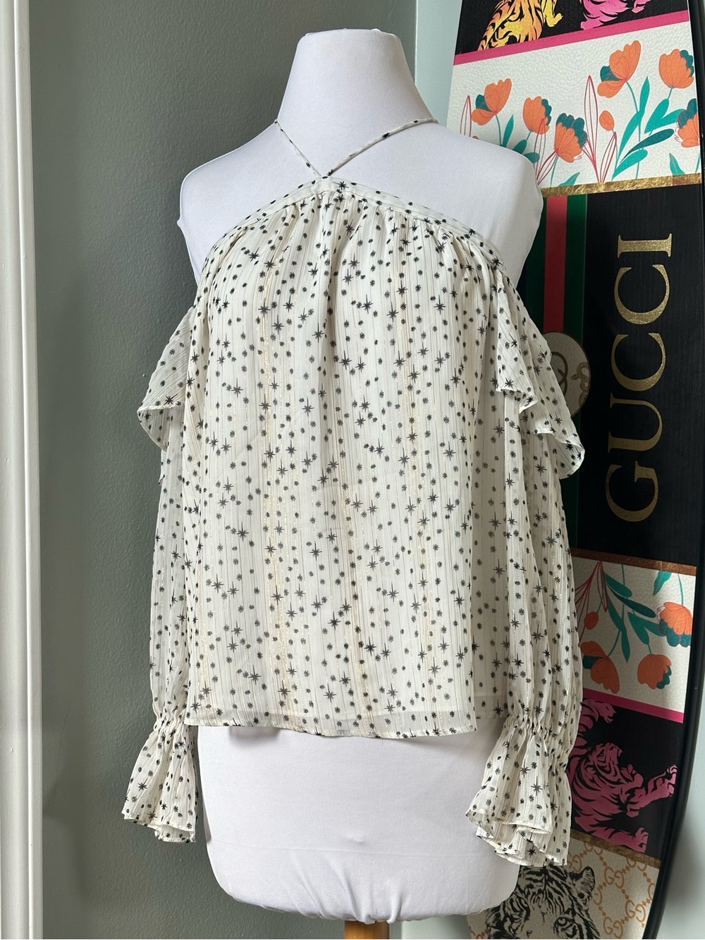 NWT 1. State Off the Shoulder Starburst Metallic Puffy Sleeve Blouse Peasant Top